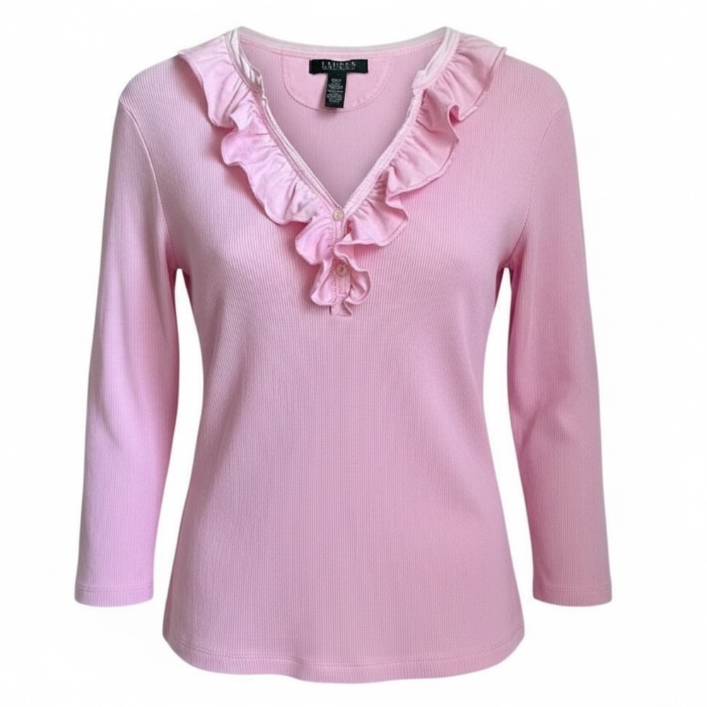 Lauren Ralph Lauren Pink Ruffle Henley Top Size M Ribbed Cotton Cottagecore